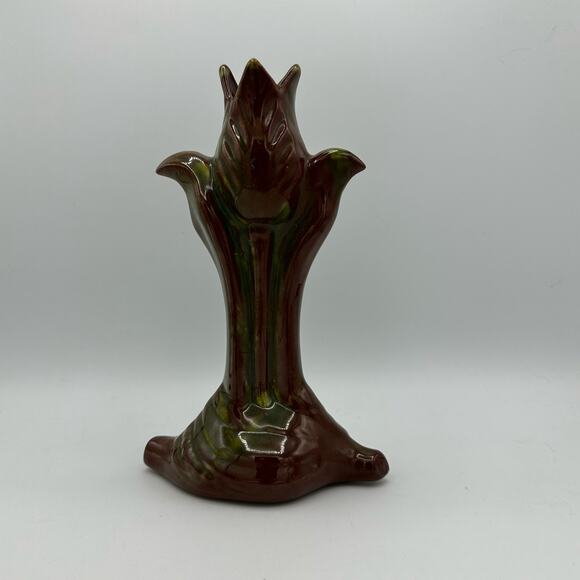 Vintage 1950s Tulip Vase with Variegated Brown and Dark Green Glaze - Picture 5 of 16